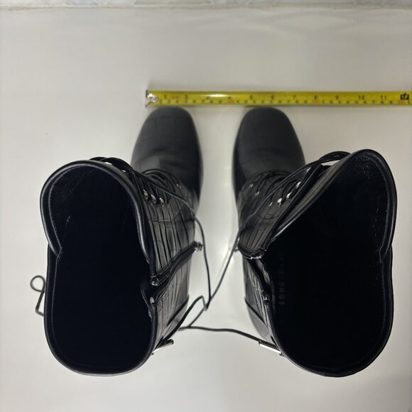 41/10 Black Leather Croc Round Toe Lace Up Zip Block Heel Ankle Boot Bootie - Picture 9 of 12